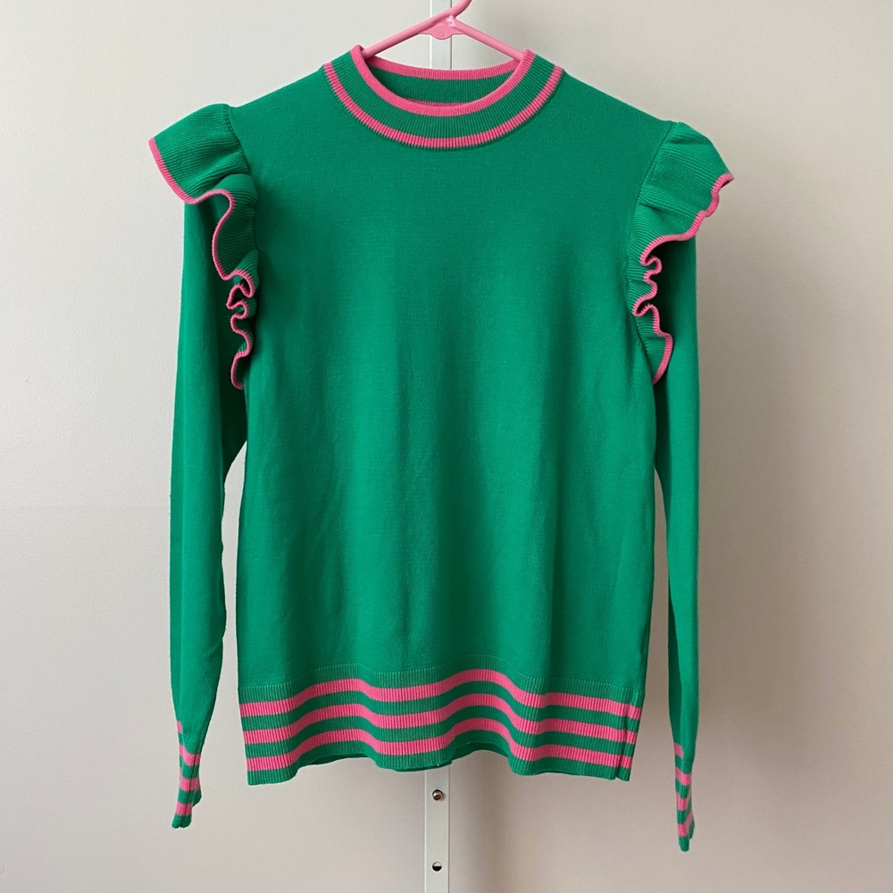 THML Small Green Pink Ruffle Shoulder Striped Trim Long Sleeve Knit Sweater